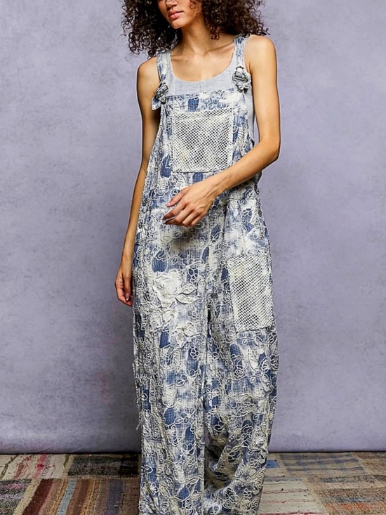 POL Pants - POL Blue and White Embroidered Wide-Leg Patchwork Overalls Sz S